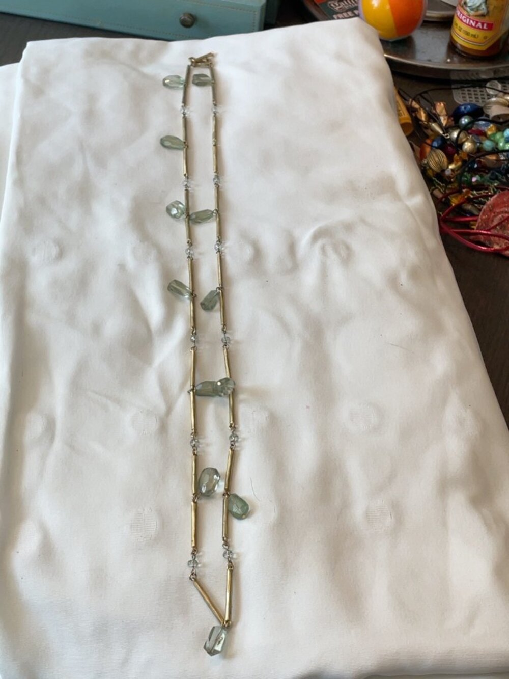 Banana Republic Pale Green Glass Bead Long Station Necklace Gold Tone